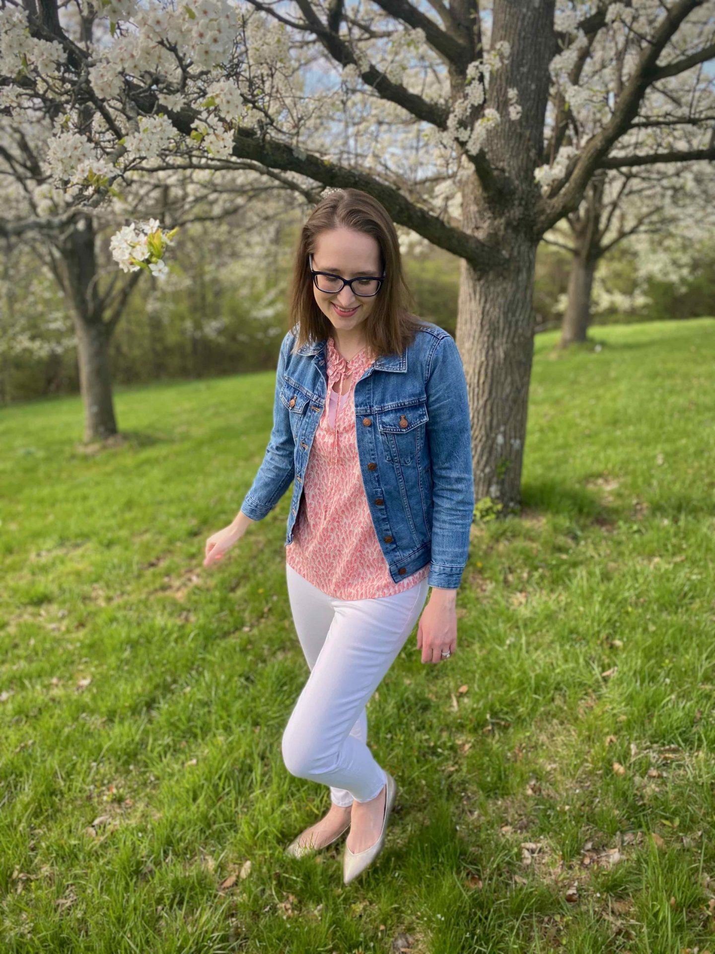 Casual Pastel Print Silk Blouse with Jean Jacket | 3 Spring Jean Jacket Outfits | The Spectacular Adventurer